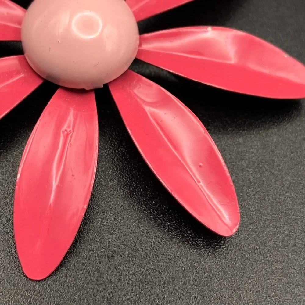 Vintage Pink Enamel Flower Brooch Mid Century Mod Pop Art Flower Power 2.75 